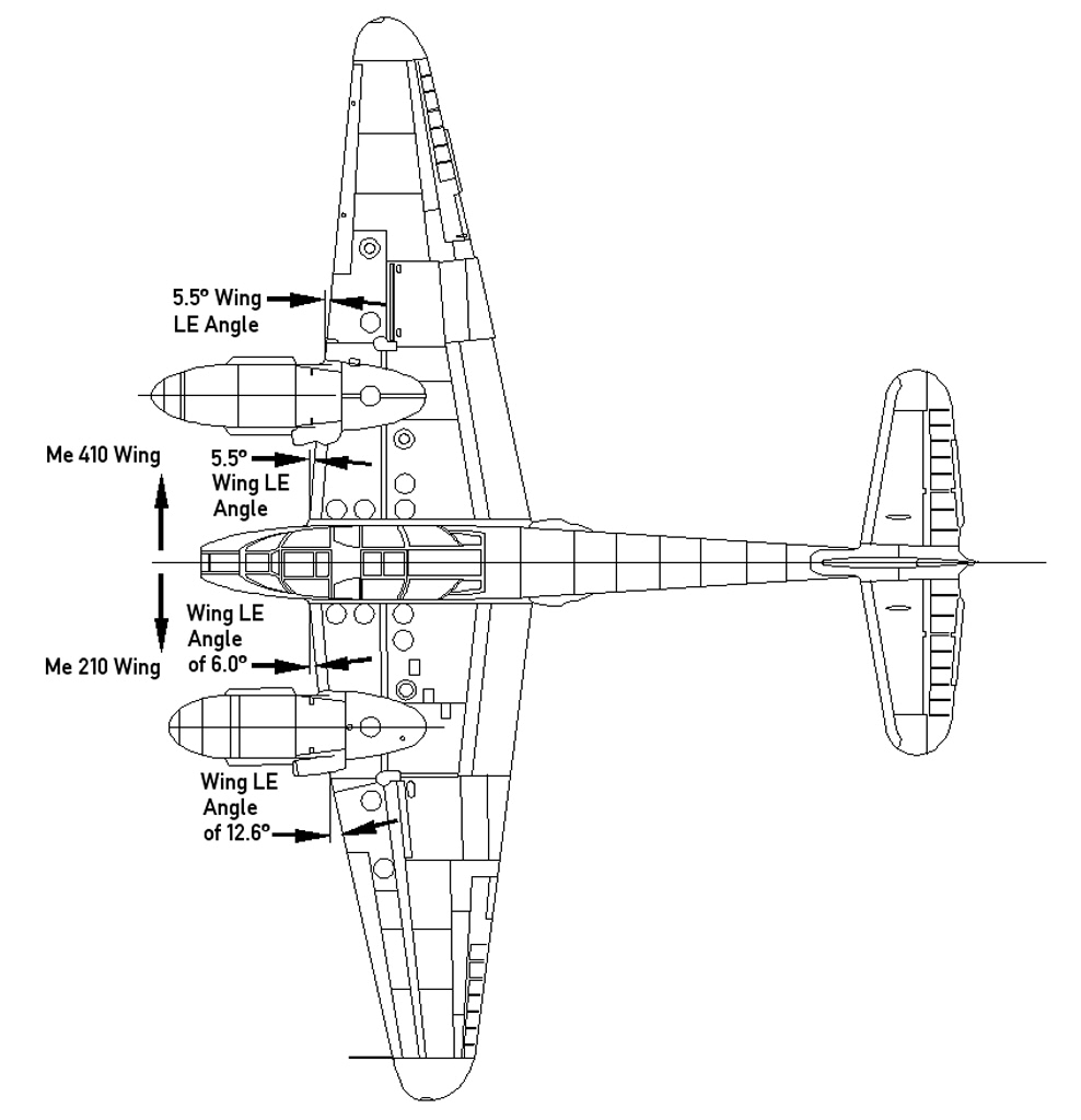 Diagram comparing the wing and fuselage planform of the Me 210 and the redesigned Me 410.