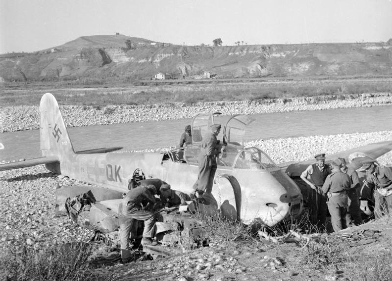 A Messerschmitt Me 410 wreck at the Sangro river in Italy, 1943.
