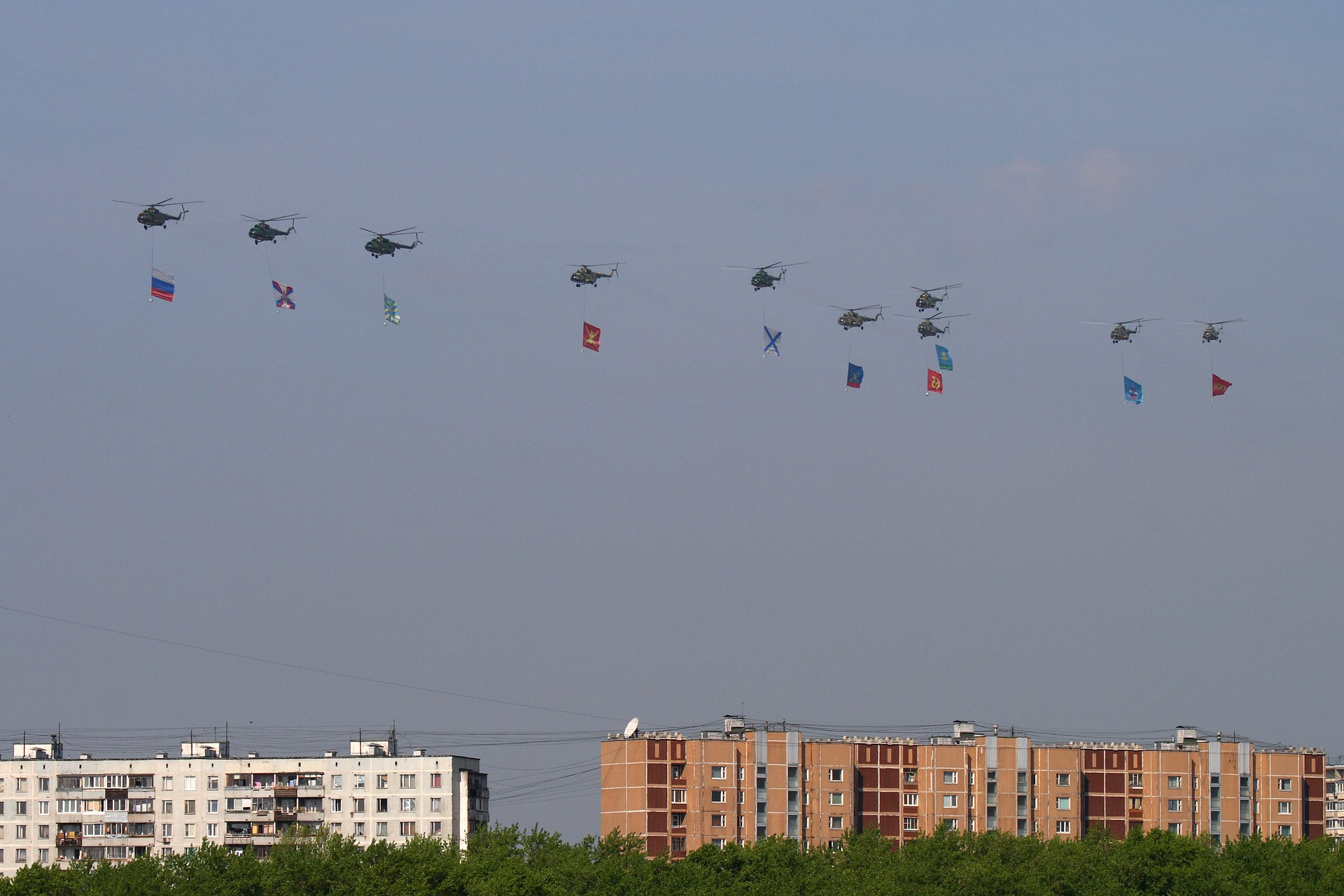 Russian Mil Mi-8 Hip transport helicopters flying in formation over Moscow