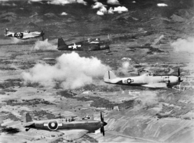 A captured Hayate lined up with a Seafire, Hellcat and Mustang, 1945 a rare side-by-side with its Allied rivals.