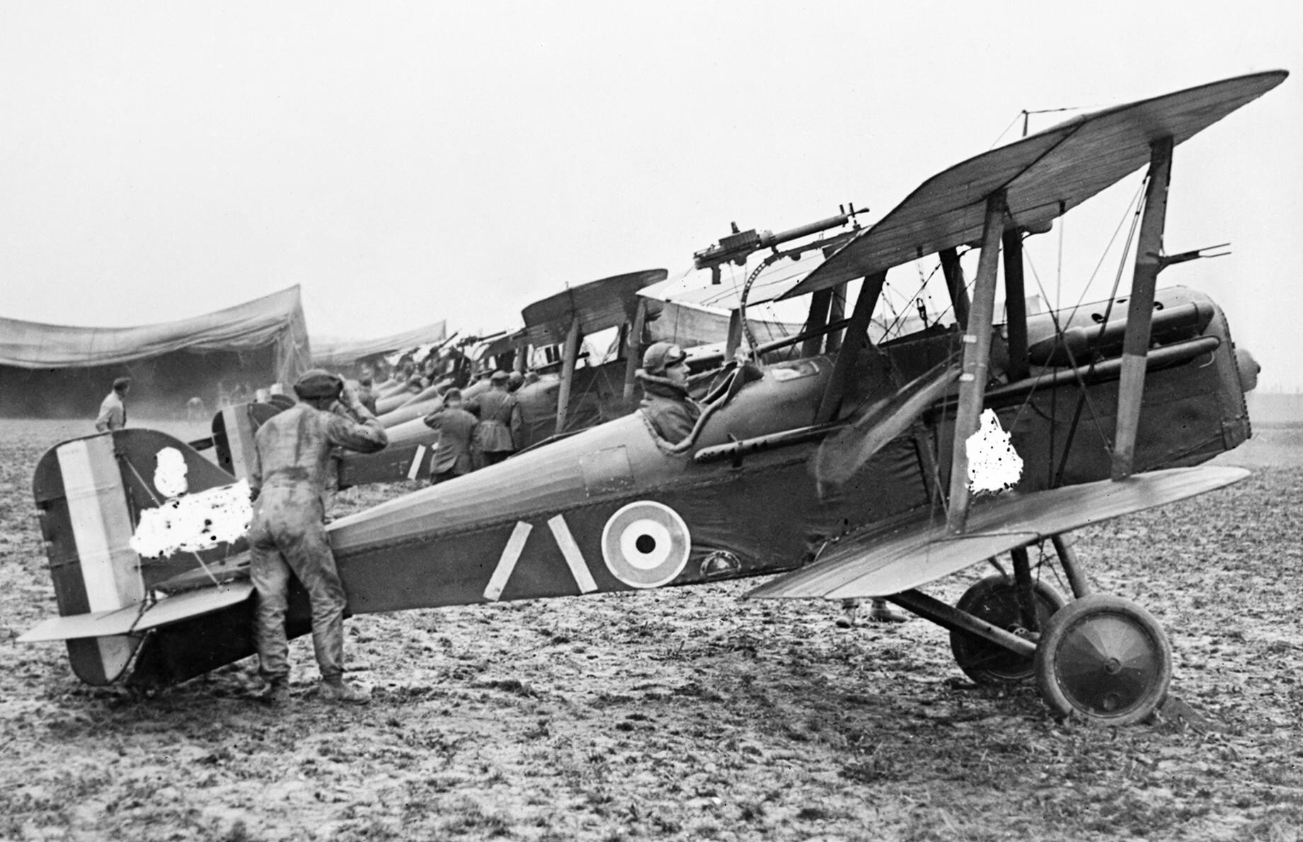 Royal Aircraft Factory S.E.5a fighters of No. 32 Squadron RAF lined up at Humières aerodrome, France, April 1918