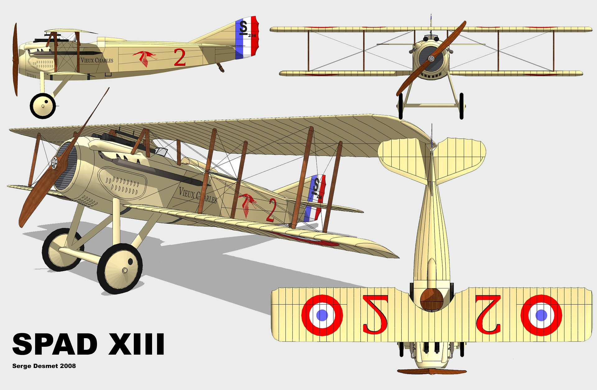SPAD S.XIII three-view scale drawing (plan, side and front)