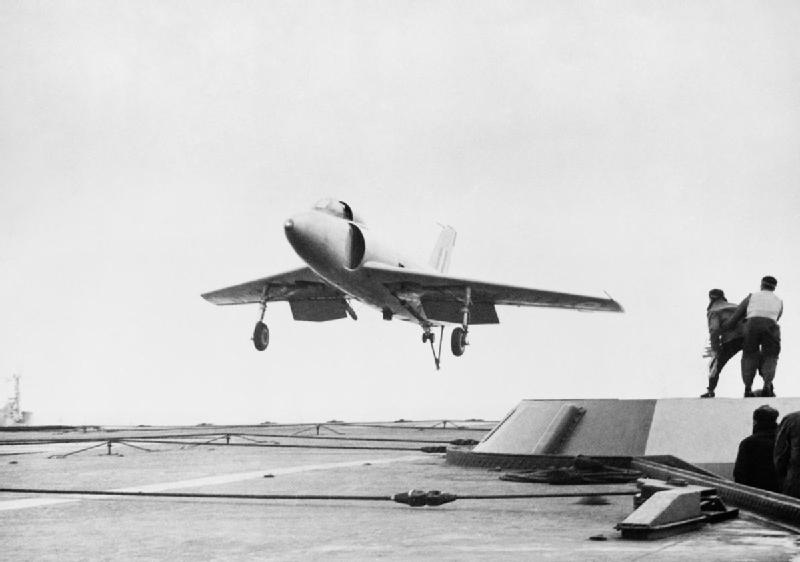Supermarine Type 510, the swept-wing ancestor of the Swift, landing on HMS Illustrious in 1950