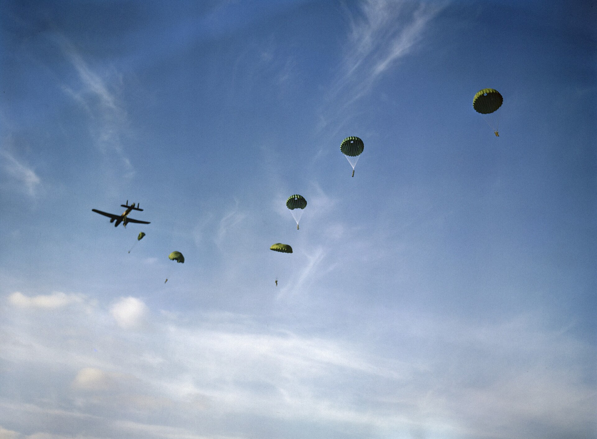 Paratroops dropping from a No. 295 Squadron Whitley, Netheravon, October 1942