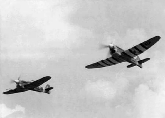 A Hawker Typhoon and Tempest V of 486 Squadron seen from below in 1944 parent and refined offspring together.