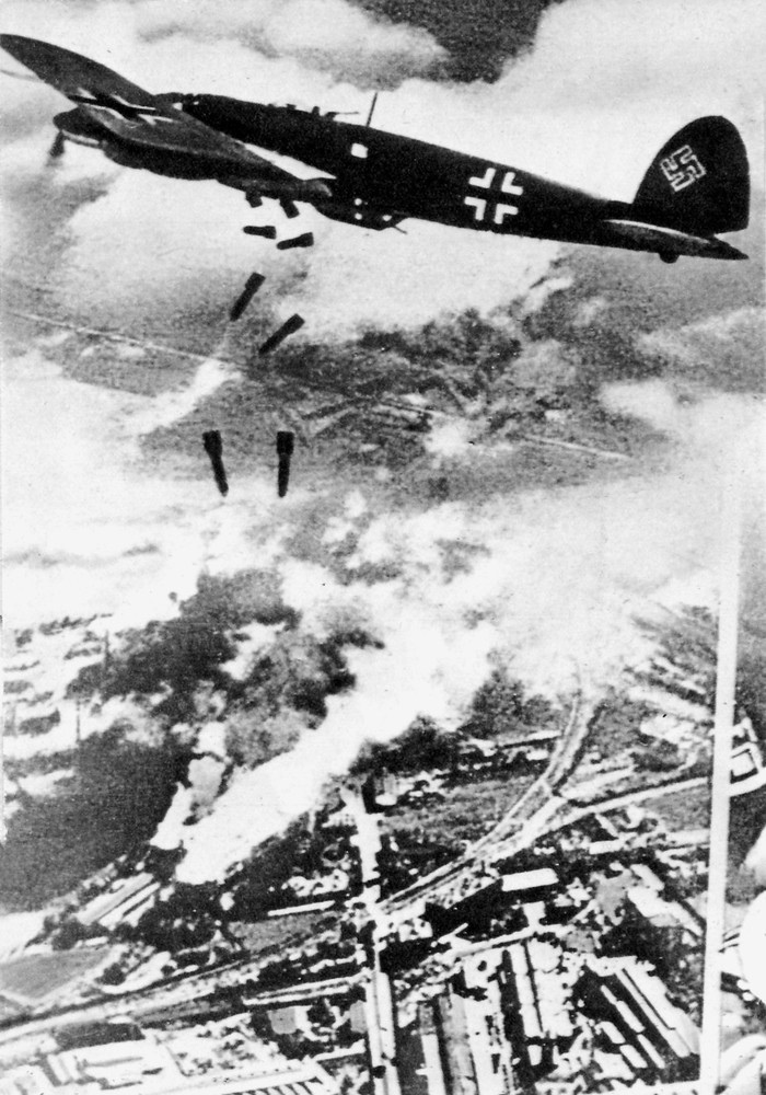 He 111 bombers over Warsaw, 1939 the glazed nose seen from above during the invasion of Poland.