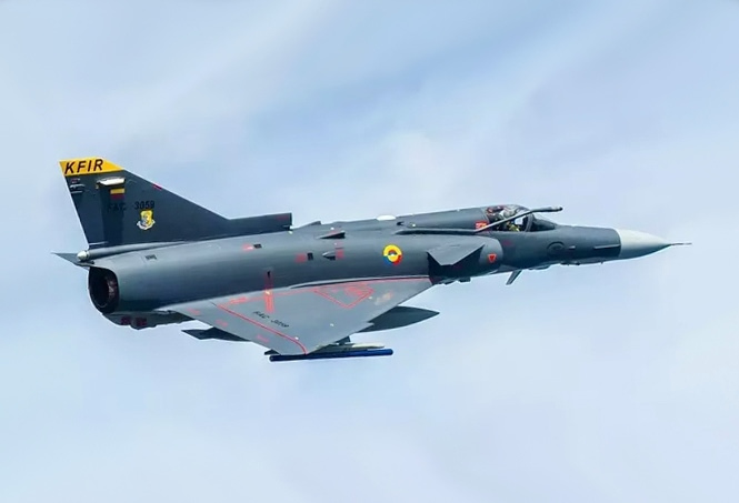 A Colombian Air Force Kfir today upgraded to the F-16-class C10/C60 standard.