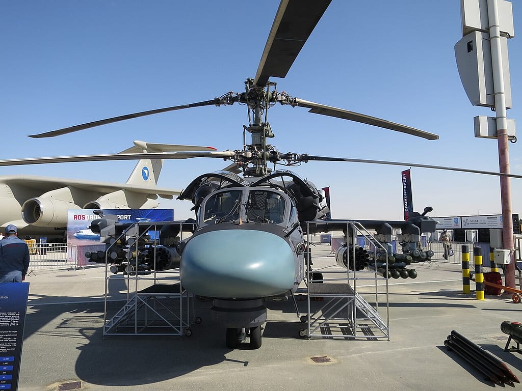 Head-on view of a Kamov Ka-52E Alligator showing its side-by-side cockpit