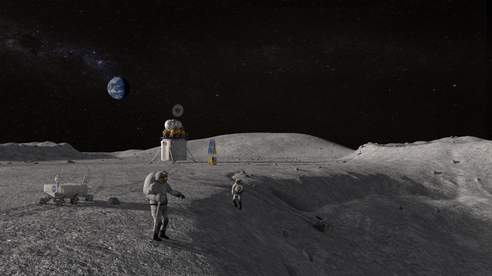 Artemis program astronauts at a lunar crater