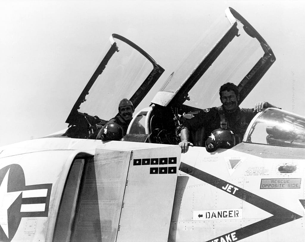 Randy Cunningham and Willie Driscoll in the cockpit of their F-4J Phantom, May 1972