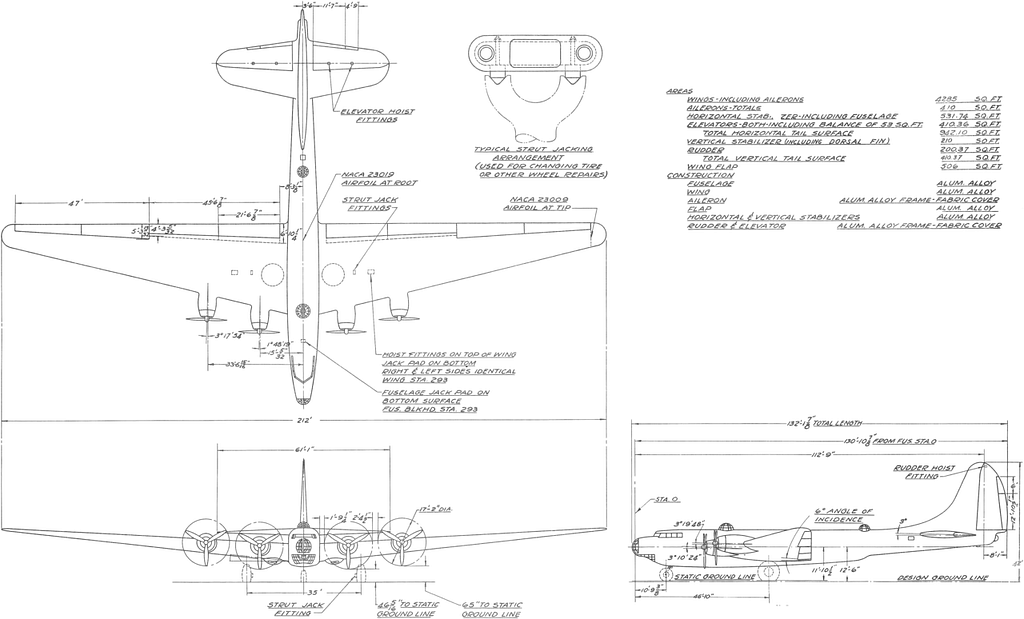Three-view line drawing of the Douglas XB-19