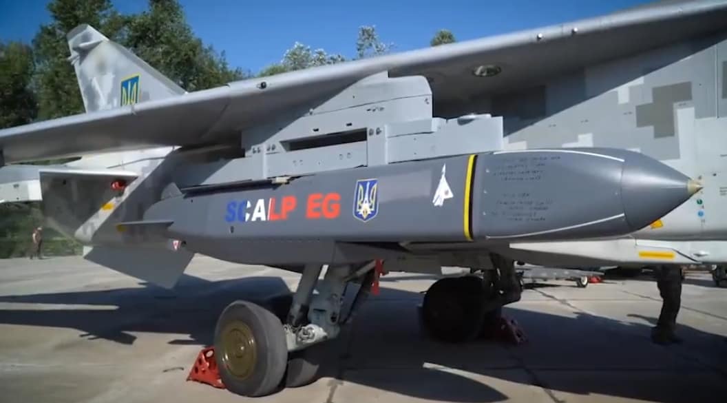 SCALP EG cruise missile under the wing of a Ukrainian Su-24M A SCALP EG cruise missile, the French designation of the Storm Shadow, mounted under the wing of a Ukrainian Air Force Su-24M bomber