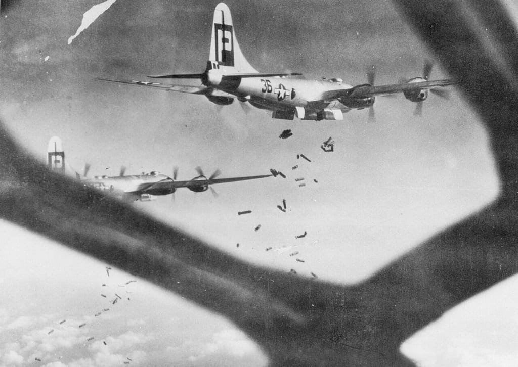 B-29 Superfortress dropping bombs over Japan, 1945