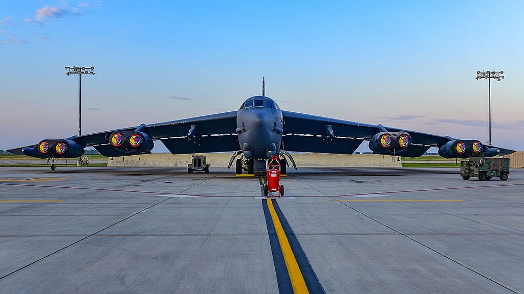 B-52H Stratofortress on the flight line at Minot Air Force Base at sunrise