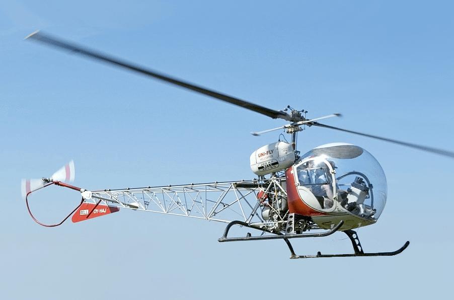 Bell 47G-5 helicopter showing the bubble canopy and open lattice tail boom