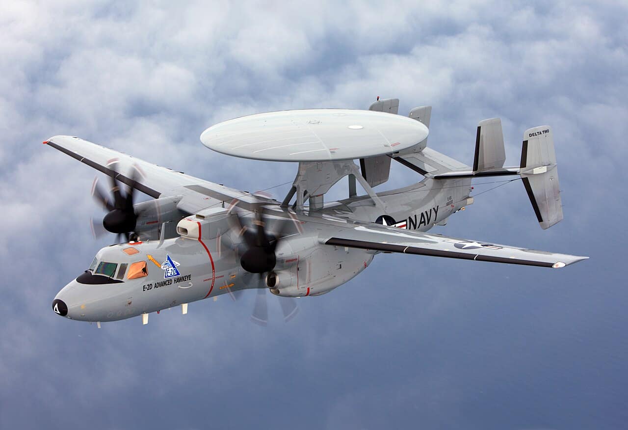 An E-2 Advanced Hawkeye airborne early warning aircraft