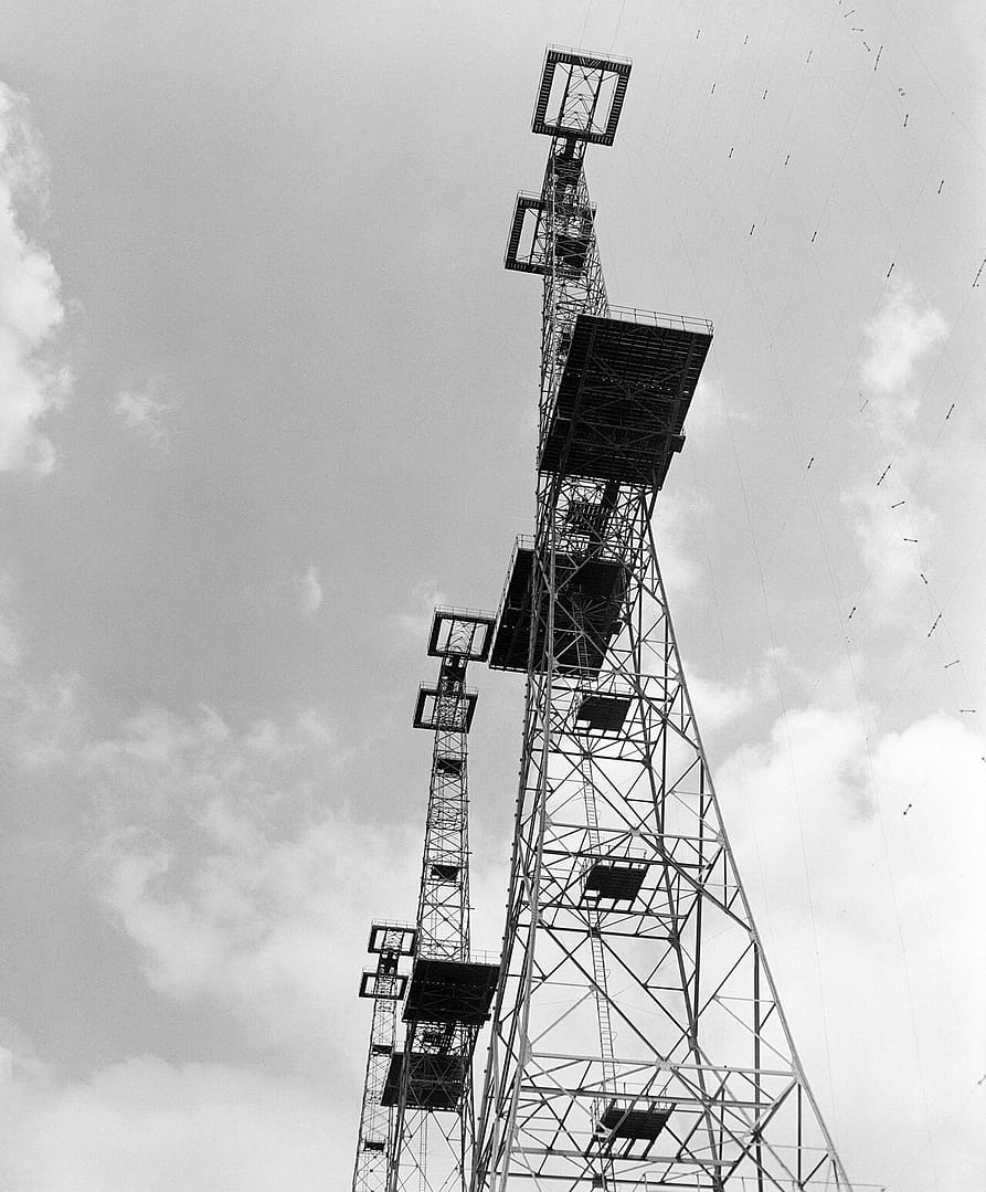 The 360ft Chain Home transmitter towers at Bawdsey
