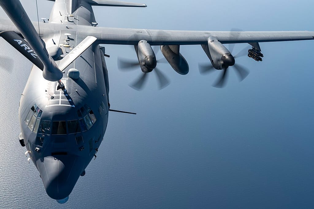An AC-130J Ghostrider gunship refuels in flight