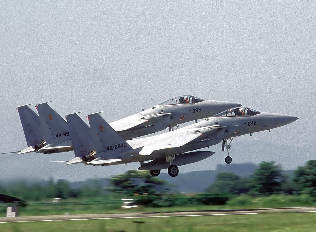 JASDF F-15J Eagles take off in formation