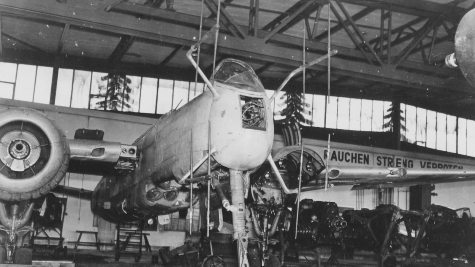 Heinkel He 219 captured at Bayreuth, April 1945 A Heinkel He 219 Uhu night fighter captured intact near Bayreuth in April 1945, its nose radar aerials visible