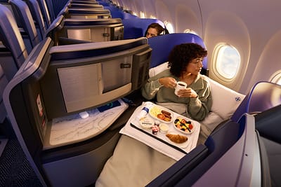 Interior of the United Airlines Airbus A321XLR showing Polaris suites