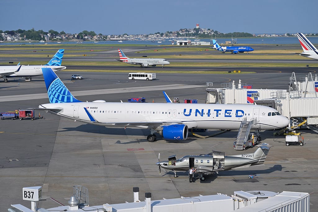 United Airlines Airbus A321neo at a gate at Boston Logan