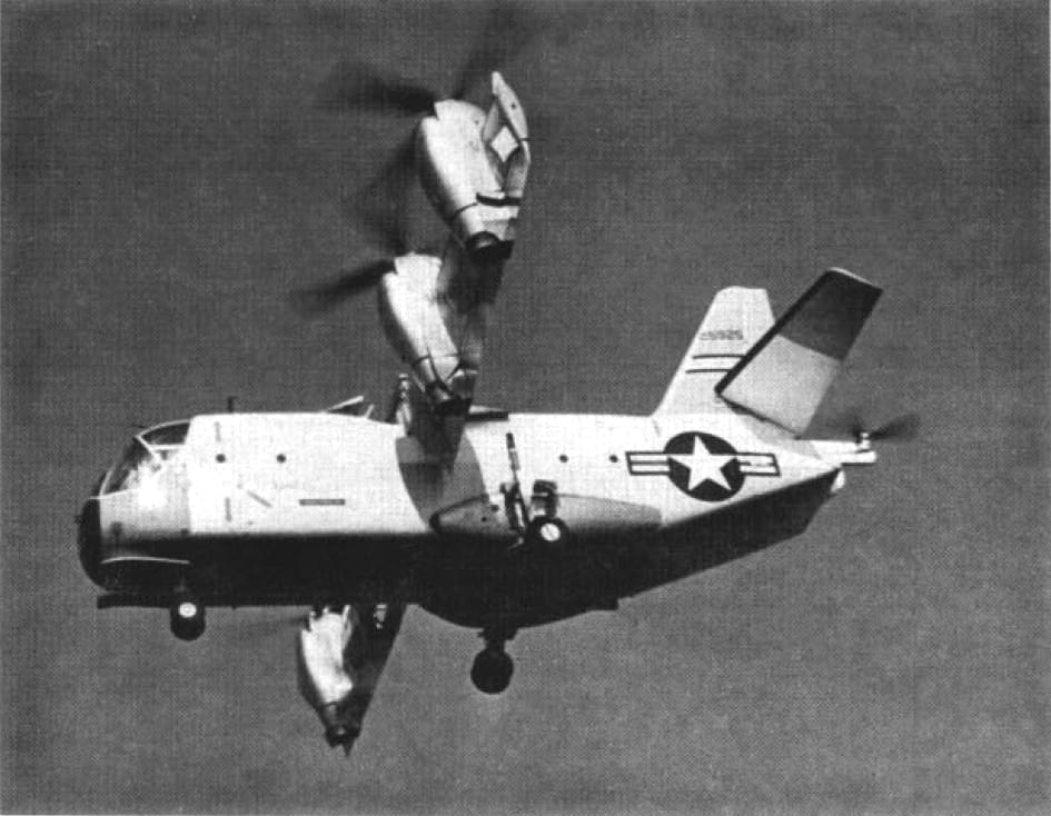 The LTV XC-142A tiltwing VTOL transport hovering