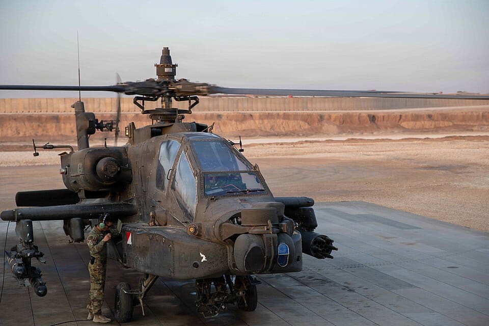 AH-64 Apache helicopter supporting CENTCOM operations — the same type shot down over the Strait of Hormuz