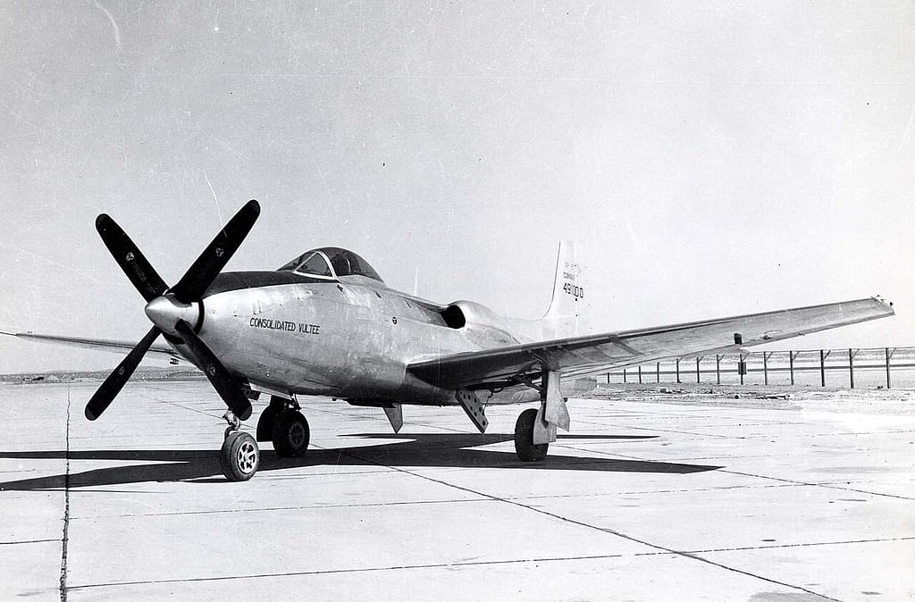 Convair XP-81 front view showing the nose propeller