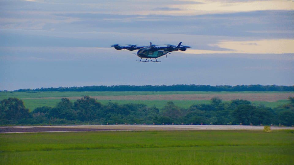 Eve Air Mobility eVTOL prototype hovering during first flight at Gavião Peixoto, Brazil