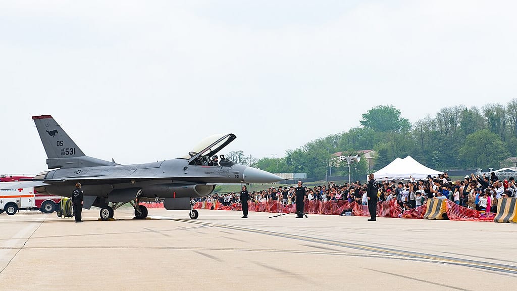 US Air Force F-16 of the PACAF Viper Demonstration Team over Osan Air Base, South Korea