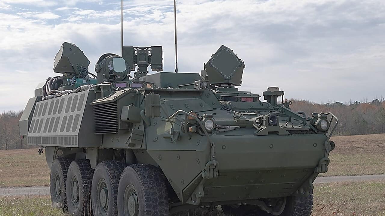 A U.S. Army Stryker DE M-SHORAD high-energy laser air-defence vehicle