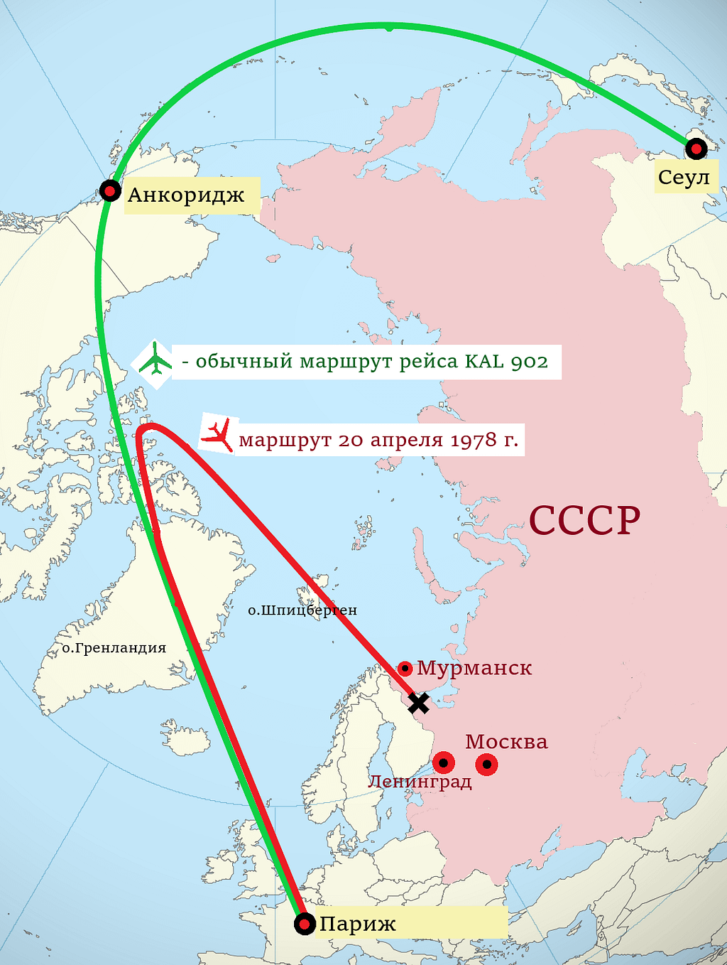 The intended polar route and the arc that took KAL 902 into Soviet airspace