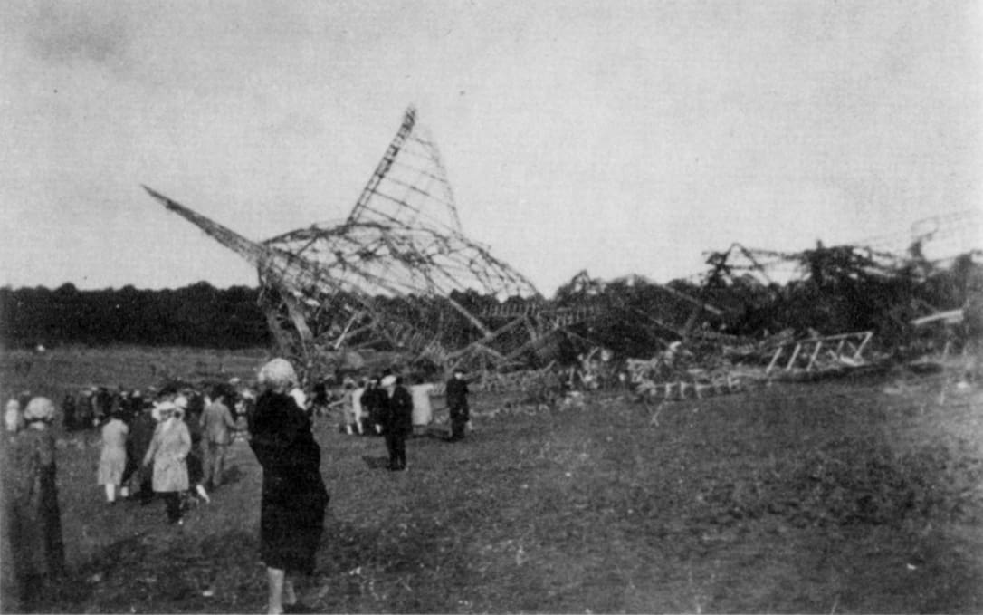 The skeletal remains of the R101 near Beauvais. The impact was slow and survivable; it was the hydrogen fire that killed 48 of the 54 people aboard.
