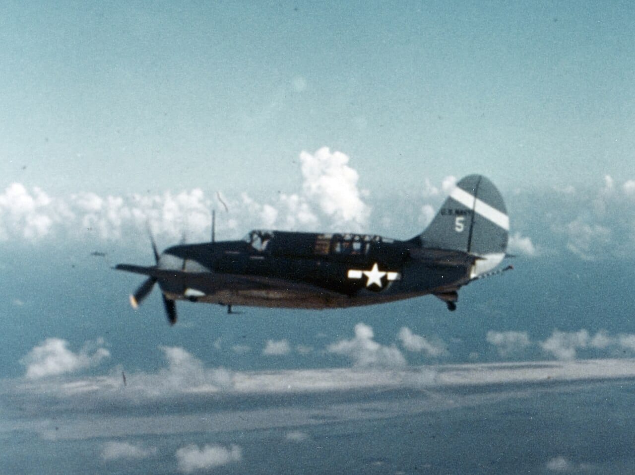 A Curtiss SB2C Helldiver dive bomber in flight
