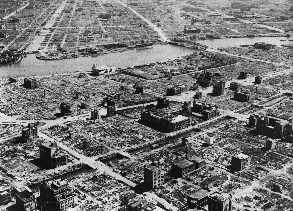 Aerial photograph of the burned-out districts of Tokyo along the Sumida river