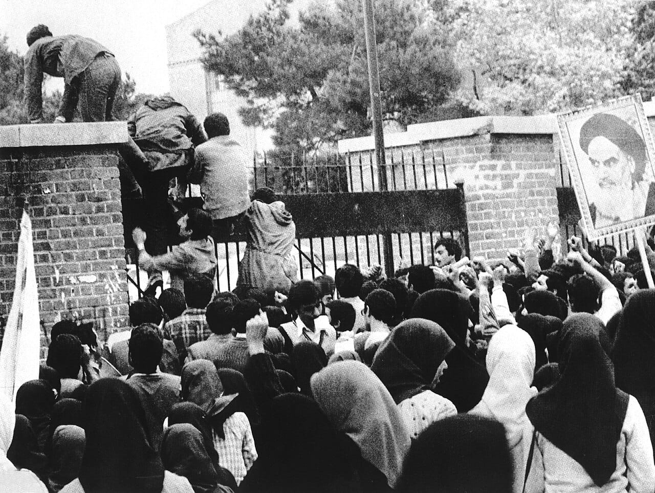 Iranian students storming the US Embassy in Tehran, November 1979