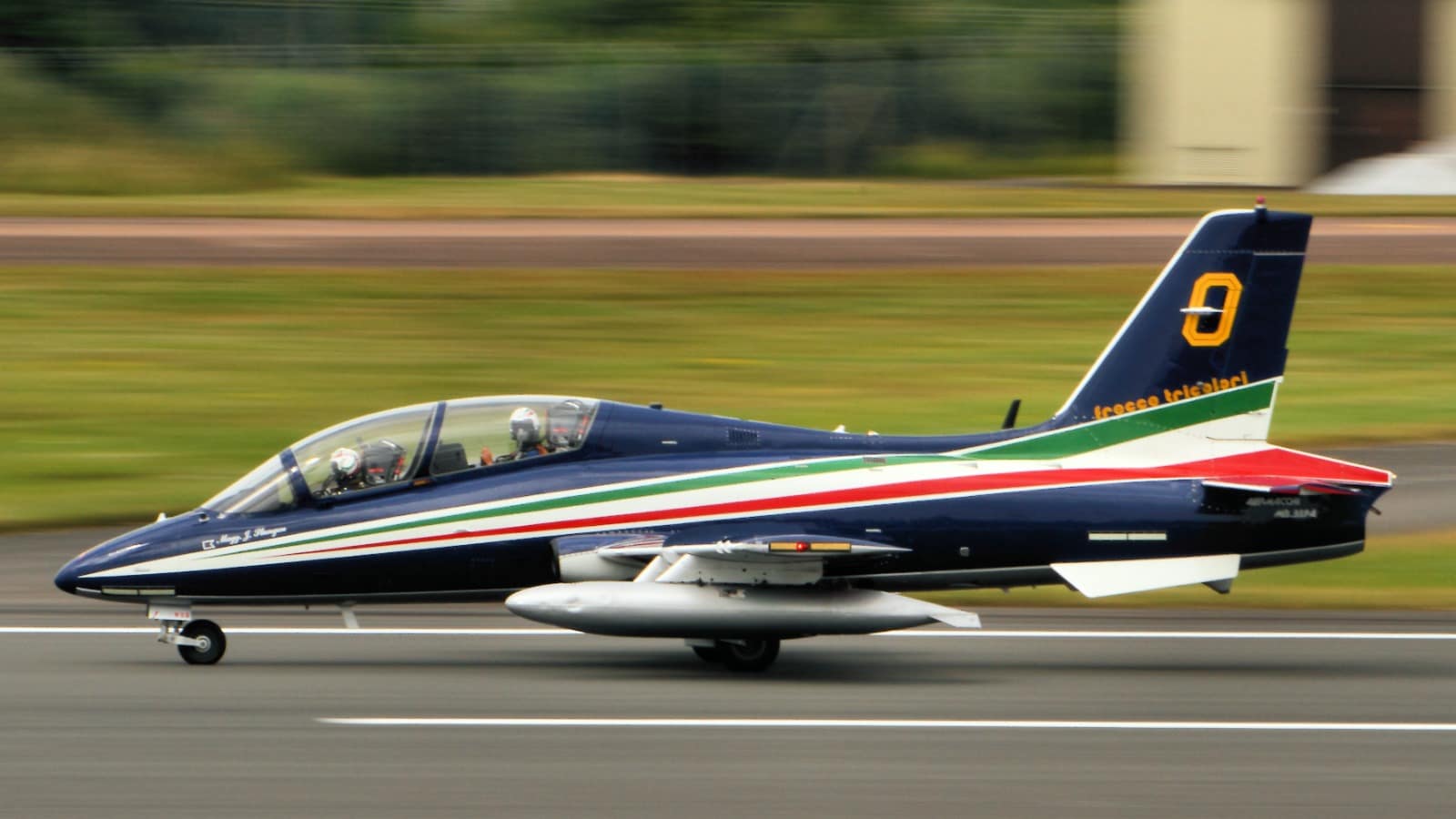 An Aermacchi MB-339PAN of the Frecce Tricolori displaying at the Royal International Air Tattoo in 2014
