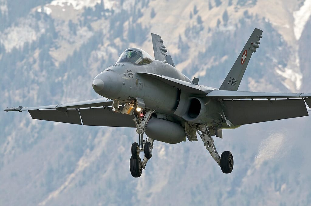 A Swiss F/A-18 landing at Meiringen air base