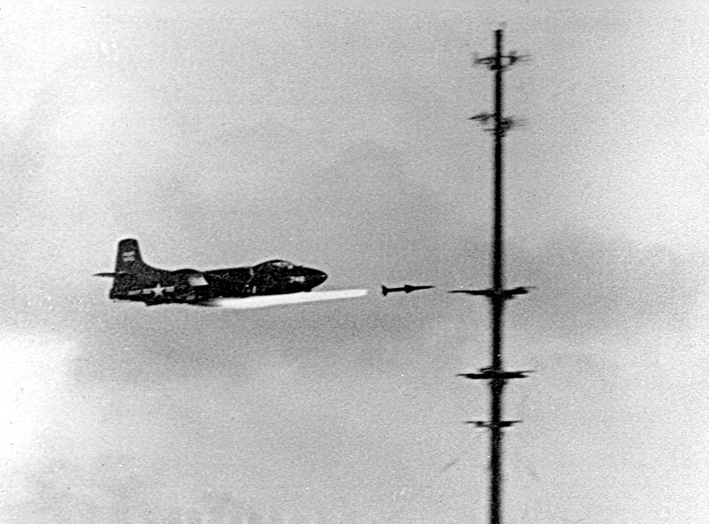 An F3D Skyknight launching an early Sparrow air-to-air missile