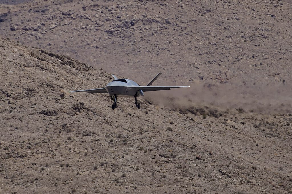 General Atomics YFQ-42A Dark Merlin collaborative combat aircraft landing at Creech Air Force Base