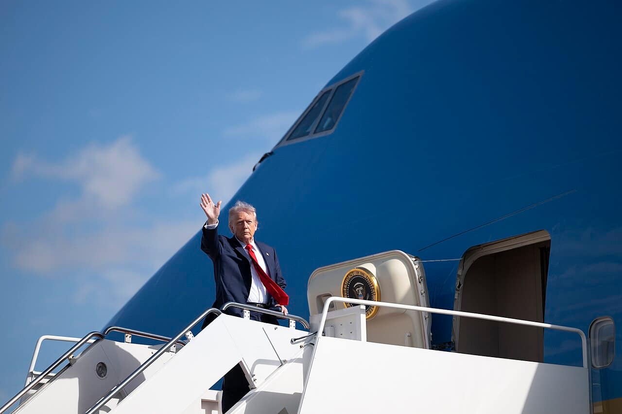President Donald Trump boards Air Force One at Joint Base Andrews