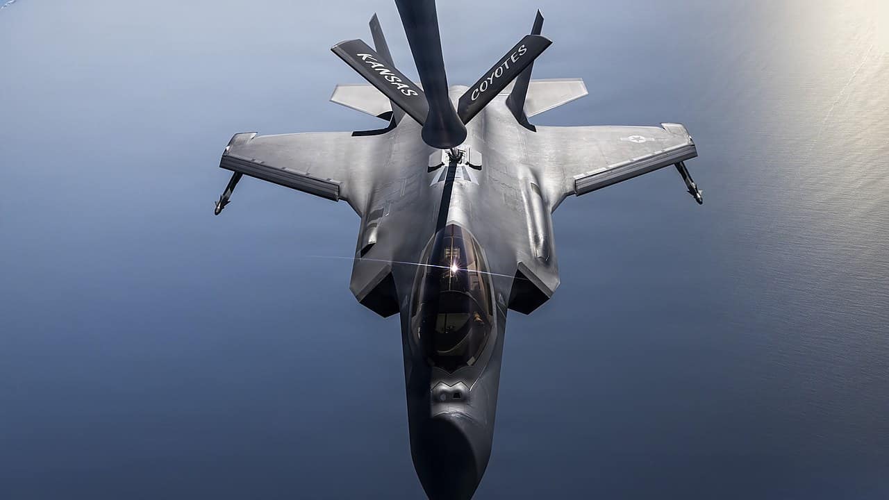 F-35A refuels from KC-135 in CENTCOM area A US Air Force F-35A refuels from a KC-135 in the CENTCOM area of responsibility