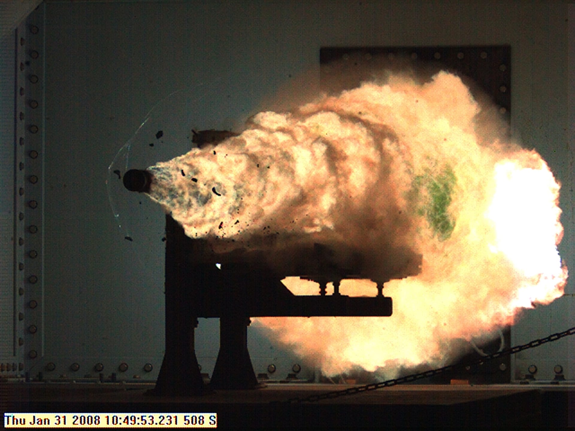 A US Navy electromagnetic railgun fires during a test