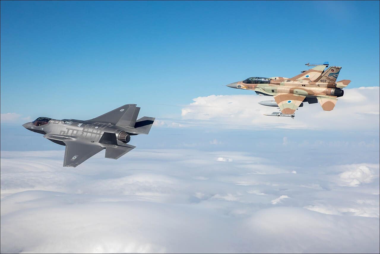 Israeli Air Force F-35I Adir and F-16I in formation Israeli Air Force F-35I Adir stealth fighter alongside F-16I in flight