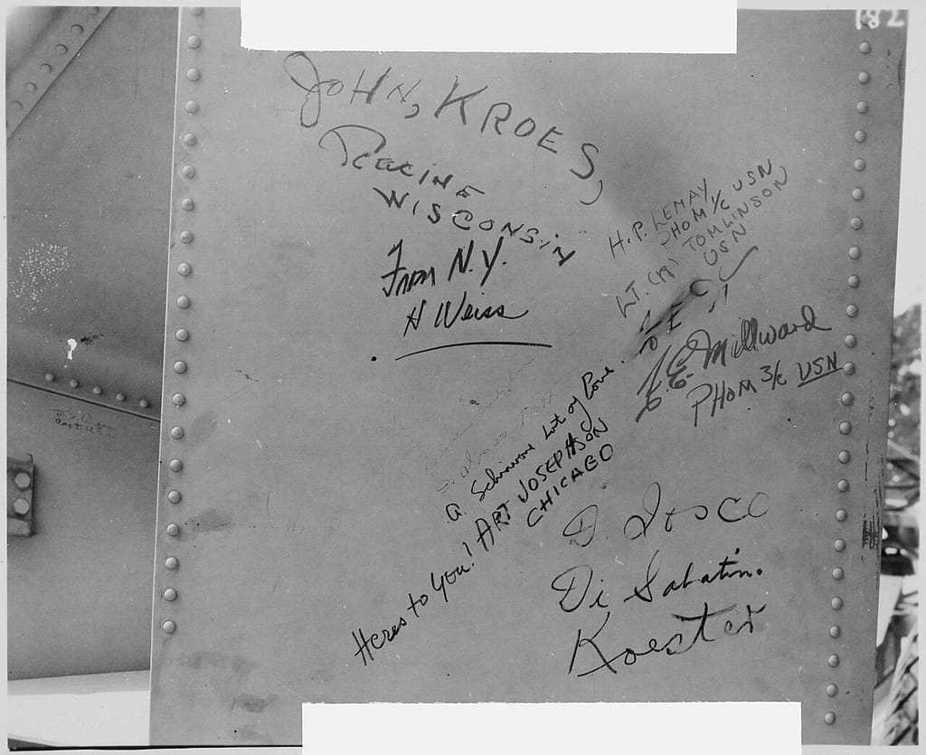 The signed casing of the Fat Man bomb on Tinian