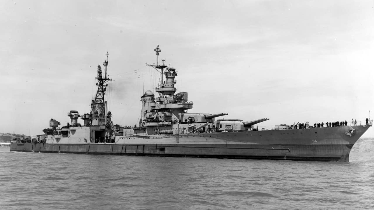USS Indianapolis off Mare Island, 10 July 1945 – six days before she sailed with the bomb USS Indianapolis off Mare Island, 10 July 1945 - six days before she sailed with the bomb