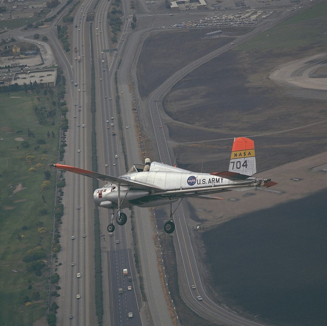 The Bell X-14B on approach to Moffett Field, California