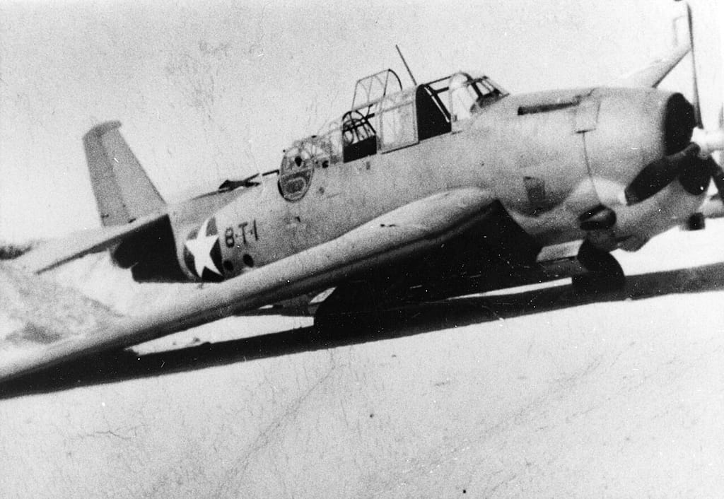 The damaged TBF-1 Avenger of VT-8 on Midway Atoll after the battle