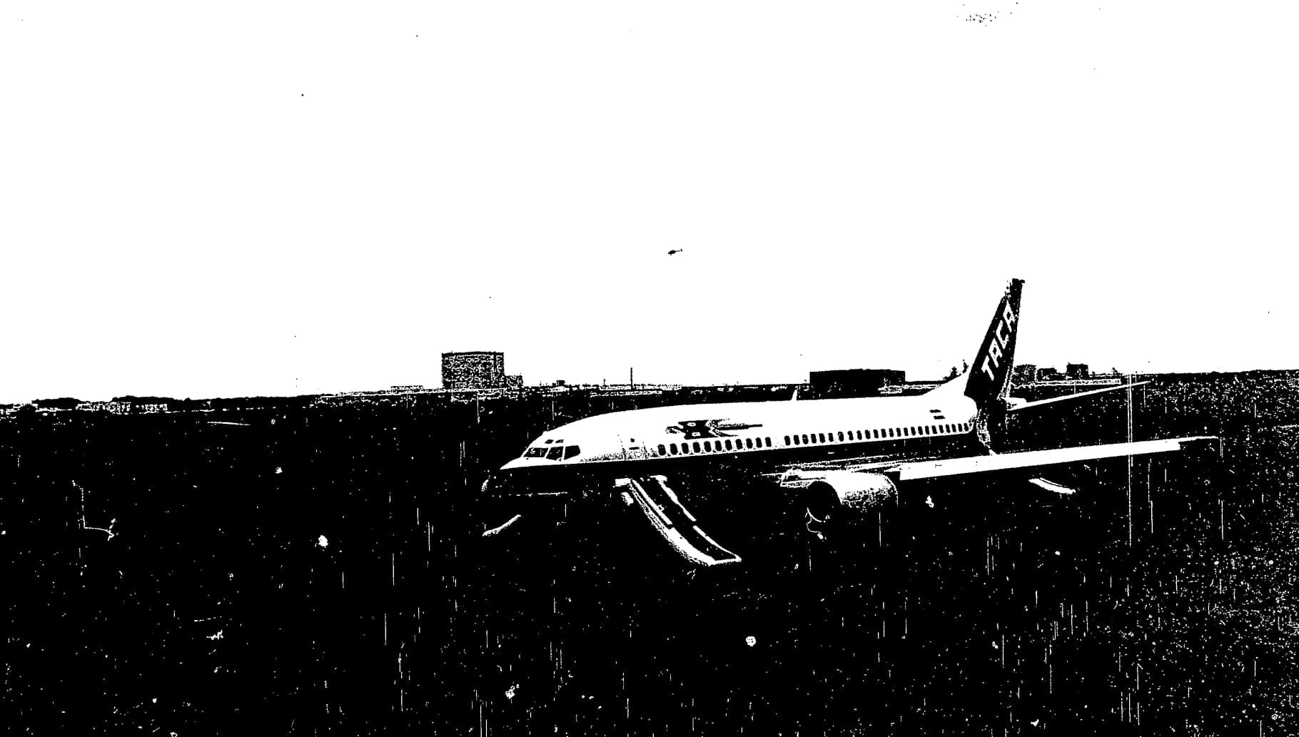 TACA Flight 110 at rest on a grass levee near New Orleans, 1988 (NTSB)